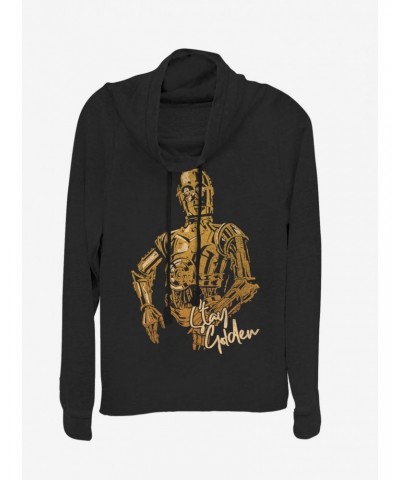 Star Wars Episode IX The Rise Of Skywalker C-3PO Stay Golden Cowl Neck Long-Sleeve Girls Top $10.78 Tops