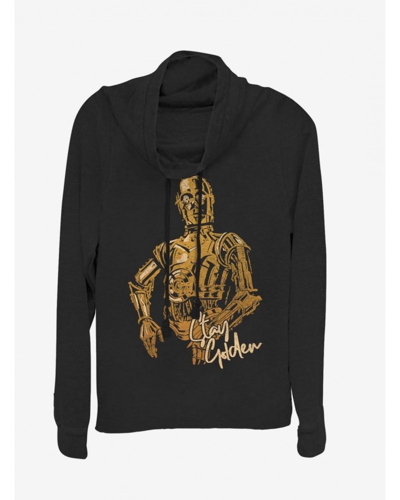 Star Wars Episode IX The Rise Of Skywalker C-3PO Stay Golden Cowl Neck Long-Sleeve Girls Top $10.78 Tops